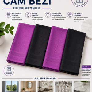 4lü 40x60 Mikrofiber Cam & Temizlik Bezi MOR-SİYAH